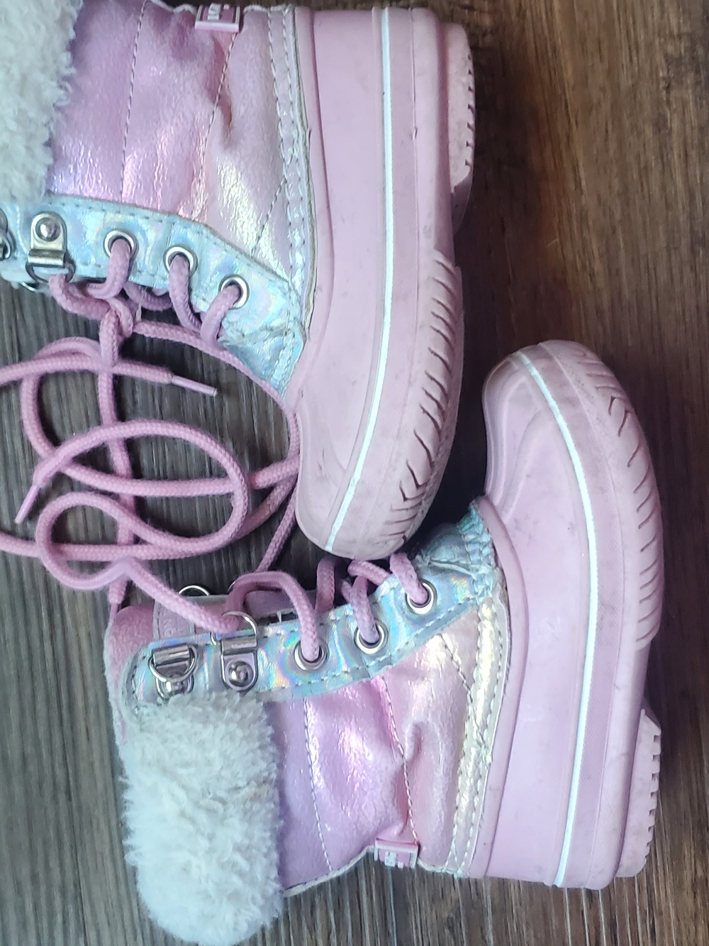 London Fog Pink Holographic Fur-Trim Platform Boots
